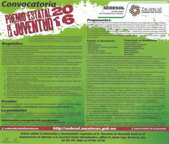 Convocatoria Premio Estatal de la Juventud 2016