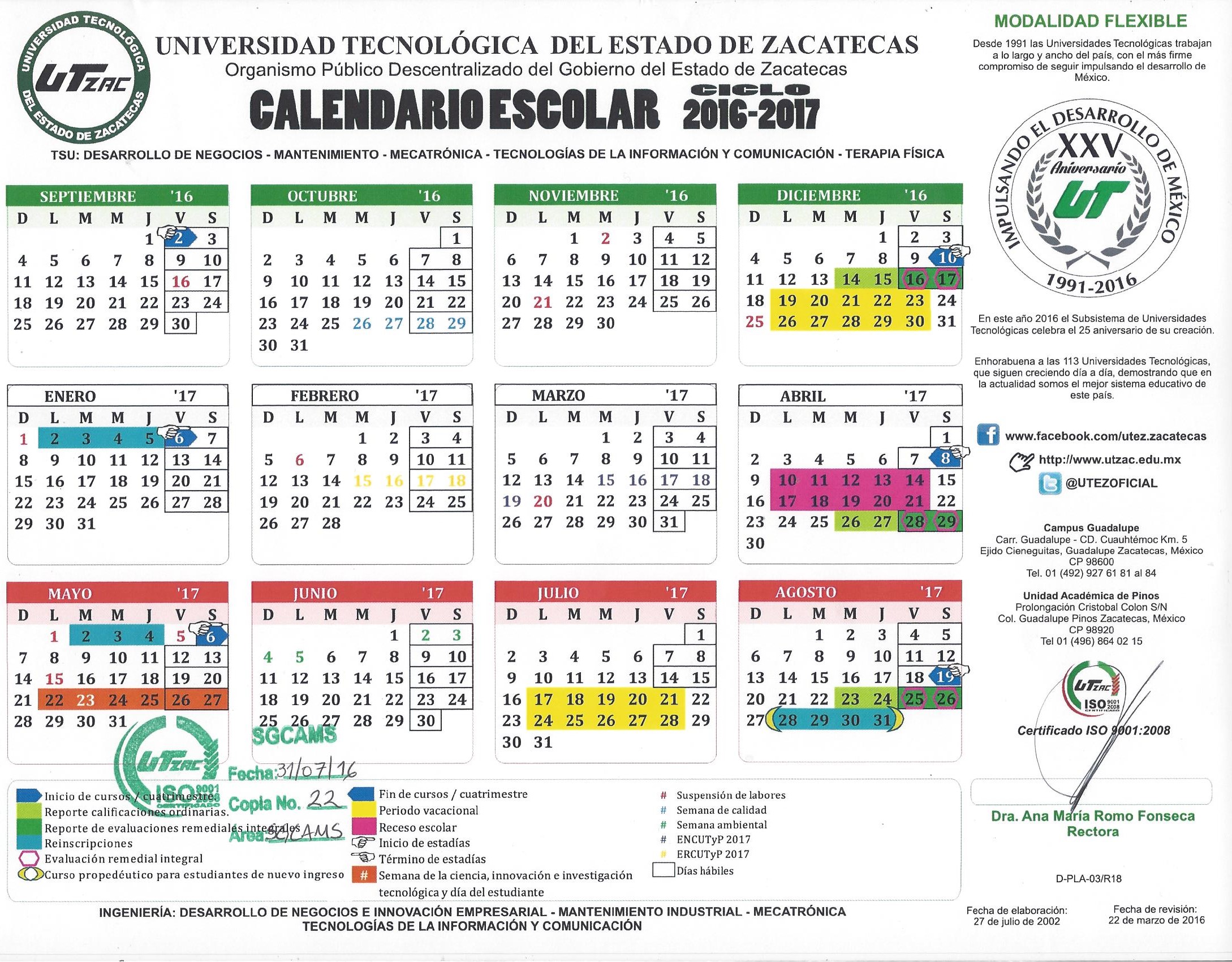Calendario Oficial del ciclo 2016 – 2017 Mod. Flexible