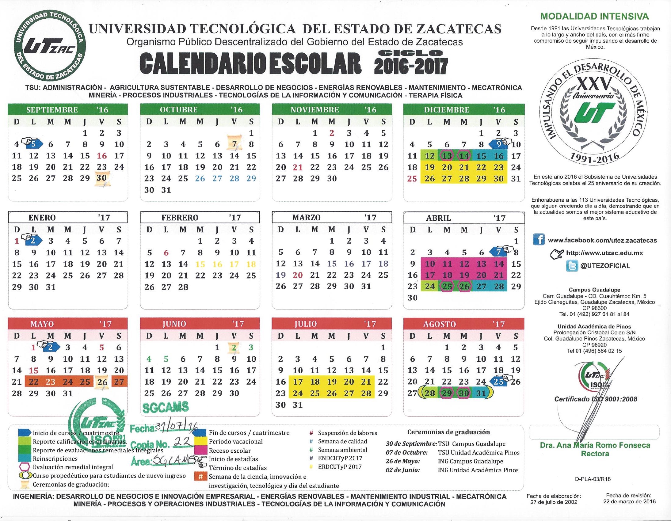 Calendario Oficial del ciclo 2016 – 2017 Mod. Intensiva