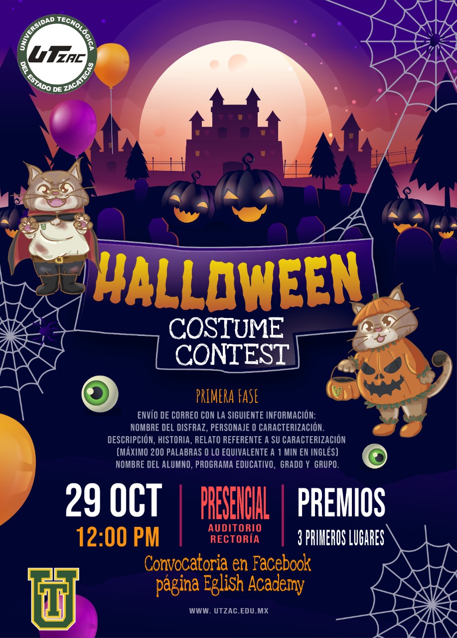 No te pierdas la convocatoria para participar en nuestro Halloween Costume Contest este 2021. 🎃 Busca la convocatoria que se publicará en nuestra página y participa. #EnglishAcademy #LincesUTZAC #Halloween